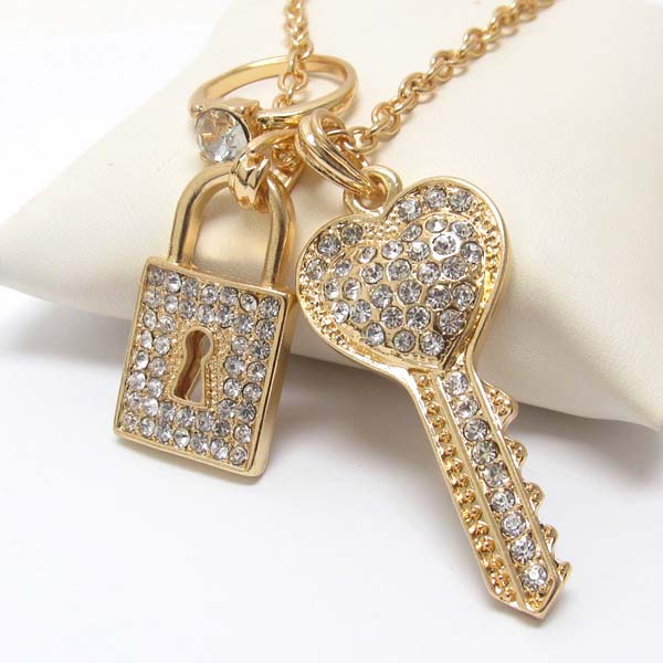 Premier electro plating crystal lock and key and ring pendant necklace