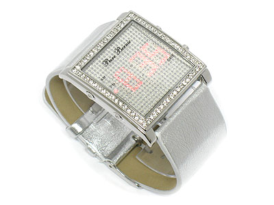 Crystal frame led display leather band watch