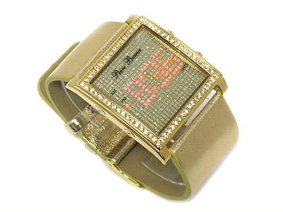 Crystal frame led display leather band watch