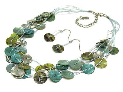 Multi strand dyed shell button necklace and earring set