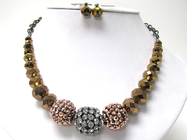 Tri metallic beads cluster ball and glass beads link necklace earring set