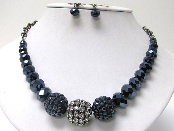 Tri metallic beads cluster ball and glass beads link necklace earring set