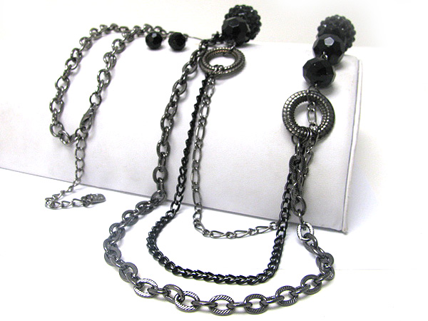 Metallic beads cluster ball and multi strand metal chain long necklace earring set