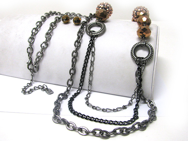 Metallic beads cluster ball and multi strand metal chain long necklace earring set