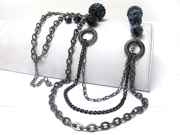 Metallic beads cluster ball and multi strand metal chain long necklace earring set