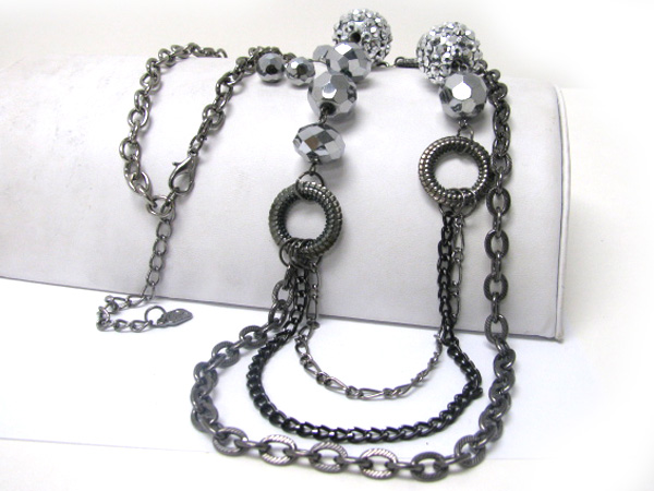 Metallic beads cluster ball and multi strand metal chain long necklace earring set