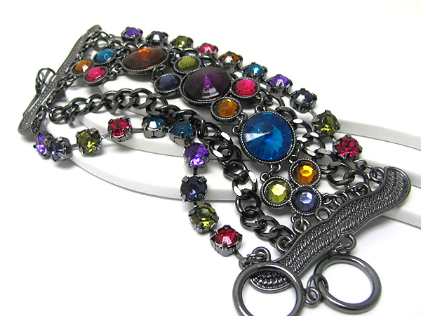 Multi row crystal and metal chain link bracelet