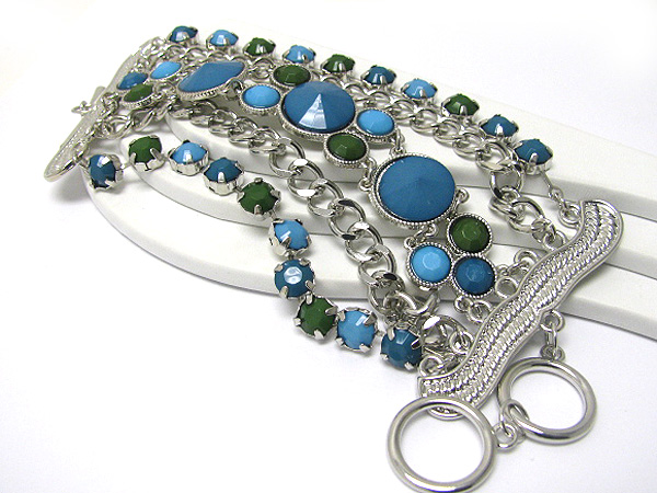 Multi row crystal and metal chain link bracelet