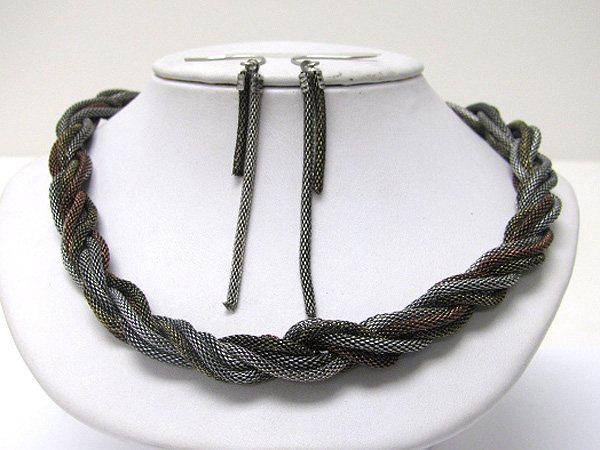 Braided metal tube chain necklace earring set 