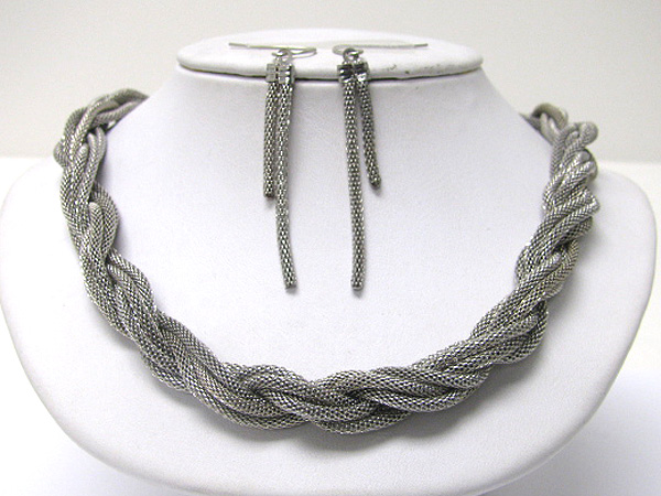 Braided metal tube chain necklace earring set 