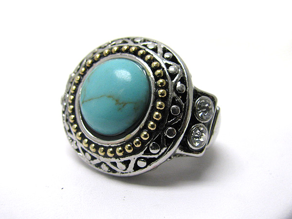 Turquoise and crystal deco textued metal stretch ring