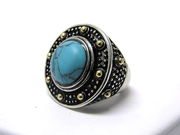 Turquoise deco textued metal stretch ring