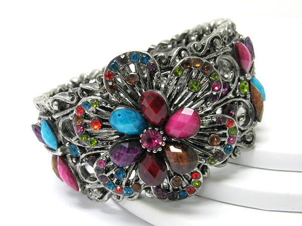 Crystal and acryl deco flower and butterfly accent metal hinge bangle