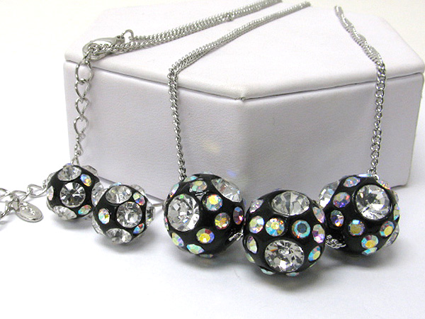 Three crystal and metal stud ball pendant long necklace earring set