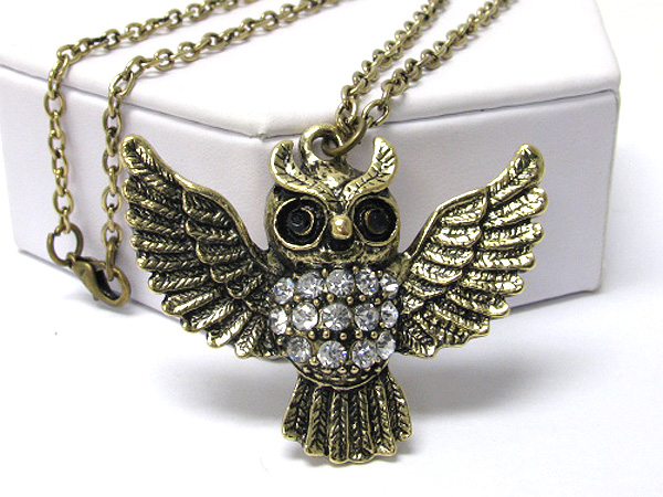 Crystal stud owl pendant long necklace