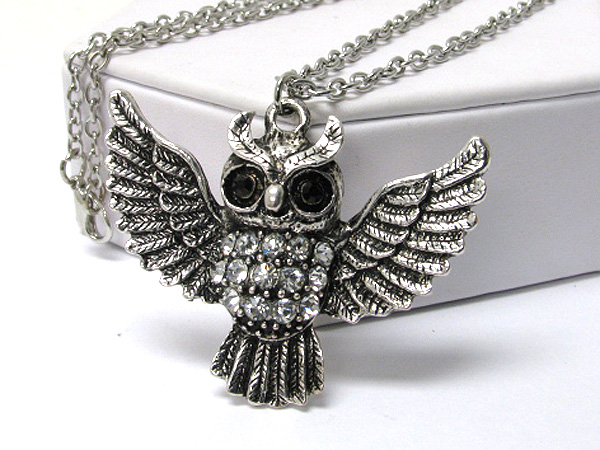 Crystal stud owl pendant long necklace