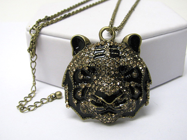 Crystal stud tiger face pendant long chain necklace