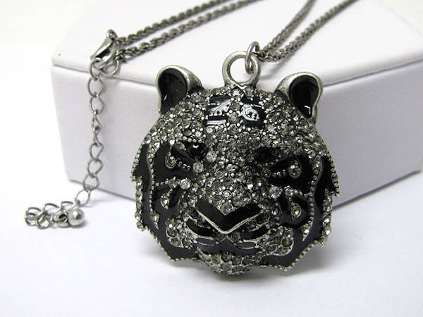 Crystal stud tiger face pendant long chain necklace