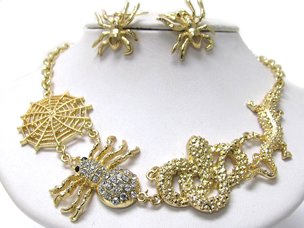 Crystal stud spider and lizard link necklace earring set