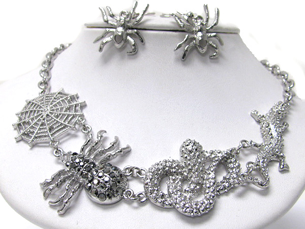 Crystal stud spider and lizard link necklace earring set