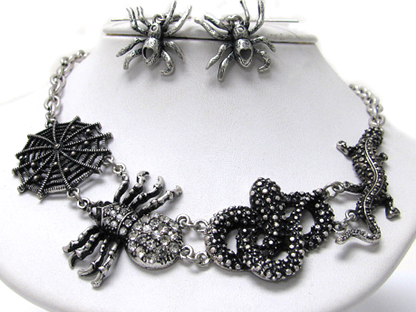 Crystal stud spider and lizard link necklace earring set