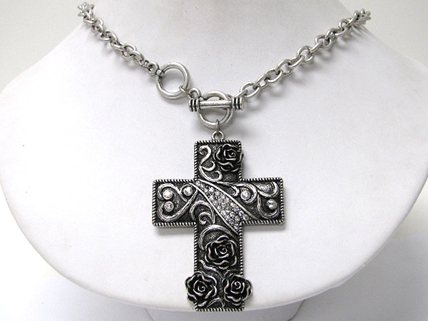 Crystal stud flower textured cross pendant necklace earring set