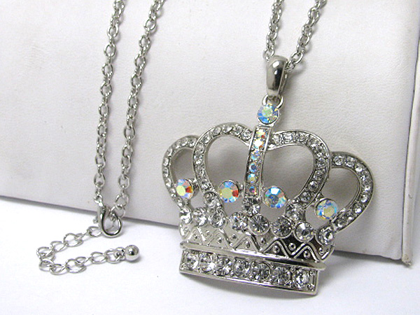 Crystal stud crown pendant long necklace