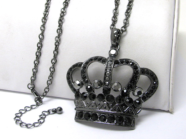 Crystal stud crown pendant long necklace