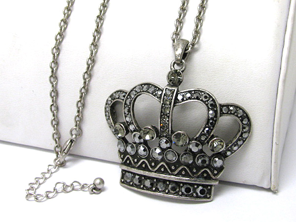 Crystal stud crown pendant long necklace