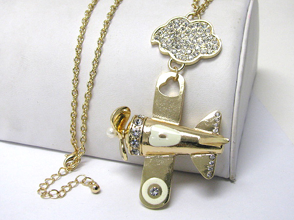 Crystal stud airplane pendant long necklace