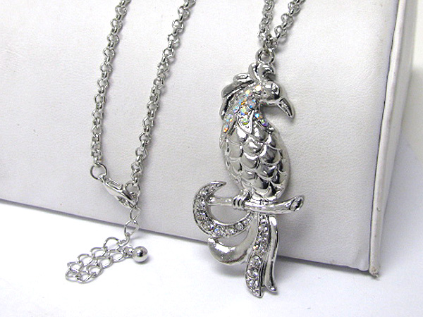 Crystal stud tropical bird pendant long necklace