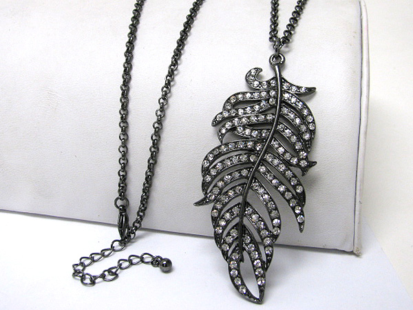 Crystal stud feather pendant long necklace