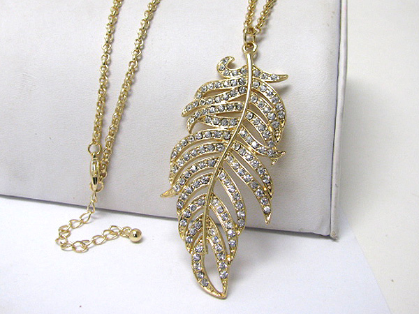 Crystal stud feather pendant long necklace