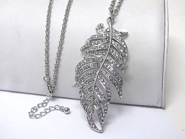 Crystal stud feather pendant long necklace