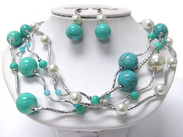 Turquoise ball and pearl snake chain link necklace earring set