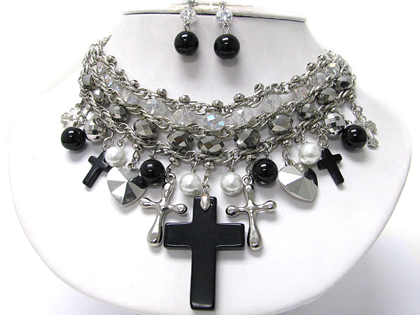 Multi cross and pearl beads dangle multi strand necklace earring set