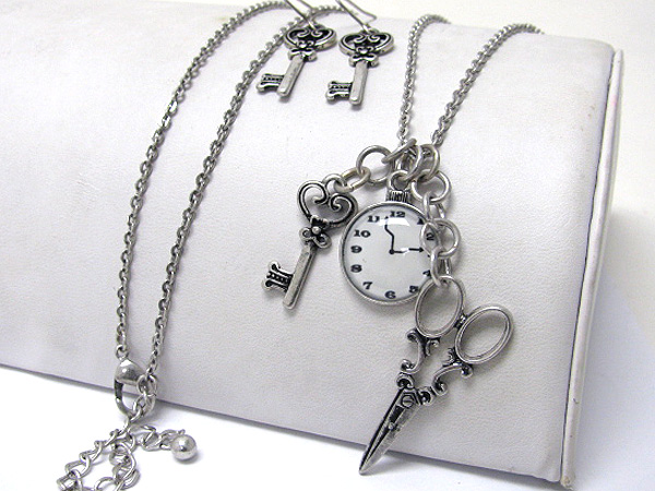 Antique style clock key and scissors dangle long necklace earring set