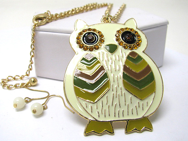 Crystal and enamel owl pendant necklace earring set