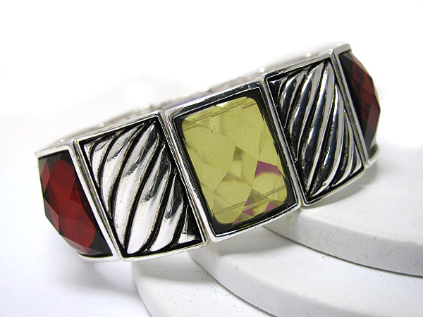 Facet glass deco metal textured stretch bracelet