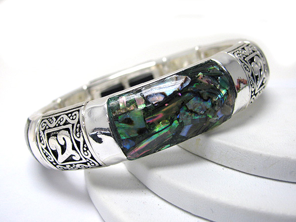 Abalone and terxtured metal stretch bracelet