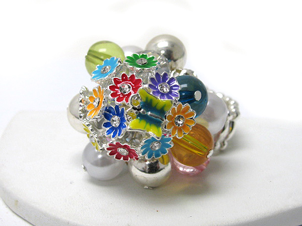 Flower and multi glass ball dangle stretch bracelet