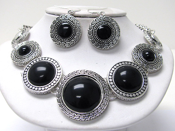 Natural stone and textured metal round disk link necklace earring set