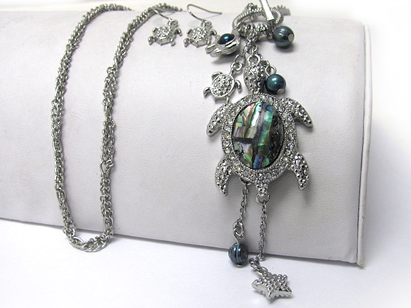 Abalone and crystal deco turtle dangle long chain necklace earring set