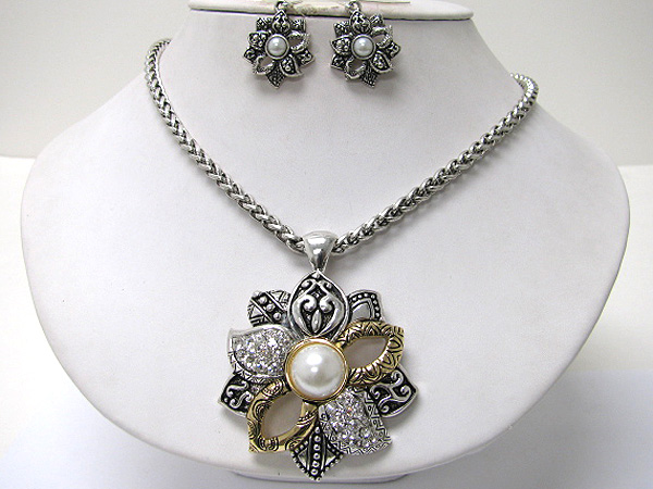 Crystal and pearl deco metal flower pendant necklace earring set