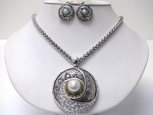 Crystal and pearl deco metal round pendant necklace earring set