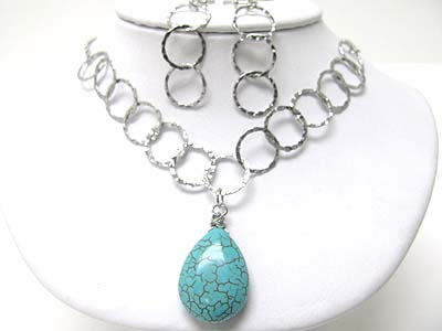 Natural stone tear drop pendant metal hoop link necklace earring set - hoops