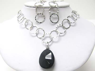 Natural stone tear drop pendant metal hoop link necklace earring set - hoops