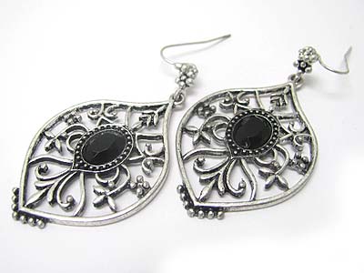 Facet glass deco cut out metal leaf drop earring