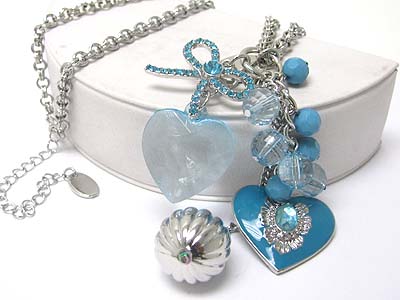 Crystal ribbon and multi heart and beads charm drop necklace