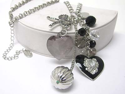 Crystal ribbon and multi heart and beads charm drop necklace